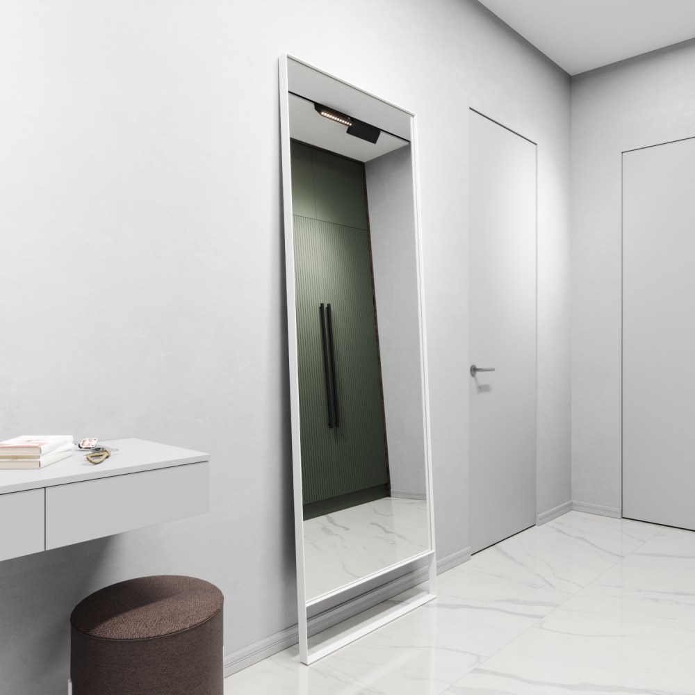 Напольное прямоугольное зеркало в белой металлической раме «Мускат» XL 220 см (в тонкой раме на ножке)